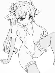 Rule 34 | 1girl, animal ears, breasts, cow ears, earrings, elbow gloves, fingerless gloves, frilled thighhighs, frills, gloves, greyscale, horns, jewelry, leotard, long hair, monochrome, munashi mujou, sitting, small breasts, solo, thighhighs, wedgie