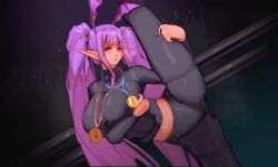 Rule 34 | 1girl, absurdres, alternate breast size, alternate costume, arknights, arm under breasts, black jacket, black leggings, breasts, cameltoe, cropped jacket, double vertical stripe, embarrassed, frown, hair ornament, hairclip, hand on own thigh, head wings, highres, jacket, jersey, large breasts, leggings, long hair, long pointy ears, looking at viewer, manticore (arknights), medal, midriff peek, pink eyes, pink hair, pointy ears, skin tight, solo, sportswear, spread legs, steam, thick thighs, thigh strap, thighs, turtleneck, twintails, vertical-striped leggings, very long hair, wings, yamada (894921678), zipper pull tab