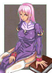 Rule 34 | 1girl, breasts, covered erect nipples, cross, cross necklace, garter straps, jewelry, large breasts, long hair, necklace, pink eyes, pink hair, priest (ragnarok online), ragnarok online, shiny clothes, solo, thighhighs, white thighhighs, zxc