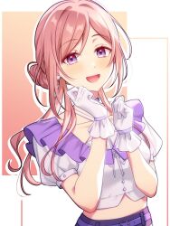 Rule 34 | 1girl, belt, belt buckle, blush, brown hair, buckle, buttoned cuffs, buttons, choker, collarbone, commentary request, earrings, eyelashes, frilled shirt, frills, gakuen idolmaster, gloves, hair between eyes, hair bun, hair intakes, hands up, highres, himesaki rinami, idolmaster, jewelry, light purple ribbon, long hair, looking at viewer, midriff, multicolored squares background, open mouth, parted bangs, pochimaru (marumaru wanwan), puffy short sleeves, puffy sleeves, purple belt, purple choker, purple eyes, purple shirt, purple skirt, shirt, short sleeves, single hair bun, skirt, solo, white background, white gloves
