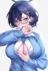 Rule 34 | 1girl, absurdres, blue-framed eyewear, blue archive, blue cardigan, blue eyes, blue hair, blue necktie, blush, bob cut, breasts, button gap, cardigan, chihiro (blue archive), cleavage, collared shirt, commentary request, covering own mouth, embarrassed, glasses, hair between eyes, hair ornament, hairpin, halo, highres, large breasts, long sleeves, looking at viewer, mechanical halo, mouth hold, necktie, necktie on mouth, paizuri invitation, parted bangs, rabbit hair ornament, rai (newtype xm-x1), rectangular eyewear, shirt, short hair, simple background, solo, upper body, white background, white shirt