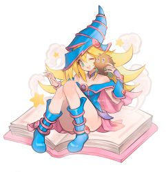 Rule 34 | 1girl, :d, alpaca carlesi, artist name, bare shoulders, blue footwear, blue headwear, book, boots, collarbone, commentary, commission, convenient leg, dark magician girl, detached collar, duel monster, english commentary, hat, kuriboh, long hair, no mouth, off shoulder, one eye closed, open book, open mouth, purple eyes, sitting, smile, teeth, thighs, upper teeth only, wizard hat, yu-gi-oh!