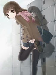 Rule 34 | 1girl, :&lt;, arm support, bad id, bad pixiv id, bag, brown eyes, brown hair, cellphone, cellphone charm, cellphone strap, charm (object), clubs, coat, diamond (gemstone), diamond (shape), getabako, gong (artist), heart, highres, jacket, locker, looking back, original, phone, phone strap, putting on shoes, scarf, school bag, shintani kyou, skirt, solo, spade, standing, standing on one leg, thighhighs, weapon, zettai ryouiki