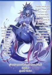 Rule 34 | 1girl, ass, aura, blue hair, blue skin, blush, breasts, breasts out, bubble, colored skin, crown, curvy, difina, elemental (creature), english text, fins, functionally nude, highres, inverted nipples, jewelry, kenkou cross, large breasts, liquid hair, long hair, looking at viewer, mermaid, mermaid (monster girl encyclopedia), midriff, monster girl, monster girl encyclopedia, monster girl encyclopedia world guide side iii: court alf-divas of the city of water, navel, necklace, nude, official art, particles, pointy ears, purple eyes, revealing clothes, see-through, smile, solo, spirit, tail, text focus, topless, translated, undine (monster girl encyclopedia), very long hair, water, water elemental, watery hair, wide hips
