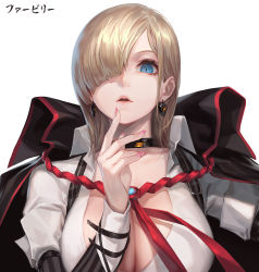 Rule 34 | 1girl, blonde hair, blue eyes, breasts, cape, choker, cleavage, commentary request, earrings, hair over one eye, heart, heart earrings, high collar, highres, jewelry, large breasts, looking at viewer, luen kulo, medium hair, nail polish, original, parted lips, pink nails, shirt, solo, upper body, white background, white shirt