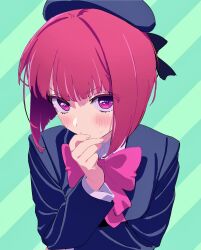 Rule 34 | 1girl, arima kana, beret, black bow, blue hat, blue jacket, blunt bangs, blush, bob cut, bow, bowtie, green background, hair bow, hand on own chin, hand on own elbow, hand up, hat, highres, jacket, long sleeves, looking at viewer, oshi no ko, pink bow, pink bowtie, pink eyes, red hair, school uniform, shirt, shuwafuwashuwa, solo, striped, striped background, sweatdrop, upper body, v-shaped eyebrows, white shirt, wing collar