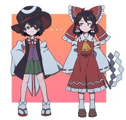 Rule 34 | 1girl, 1other, androgynous, artist request, ascot, bad id, bad twitter id, black eyes, black hair, bow, bowtie, detached sleeves, enraku tsubakura, frilled bow, frills, geta, gohei, gradient background, hair bow, hair tubes, hakurei reimu, hat, large hat, len&#039;en, long hair, nontraditional miko, orange background, outside border, red bow, red neckwear, red skirt, ribbon-trimmed sleeves, ribbon trim, sandals, shorts, skirt, sleeveless, socks, top hat, touhou, trait connection, wide sleeves, yellow neckwear, zouri