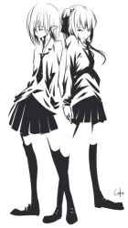 Rule 34 | 2girls, greyscale, high contrast, inemuri uno, inemuriuno, loafers, long hair, long sleeves, looking at viewer, monochrome, multiple girls, shirt, shoes, short hair, thighhighs, zettai ryouiki