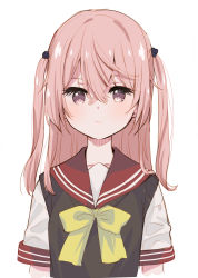 Rule 34 | 1girl, blush, bow, closed mouth, highres, inui sajuna, long hair, looking at viewer, meito (maze), original, pink eyes, pink hair, red sailor collar, sailor collar, school uniform, serafuku, shirt, short sleeves, simple background, solo, sono bisque doll wa koi wo suru, sweater vest, two side up, upper body, white background, white shirt, yellow bow