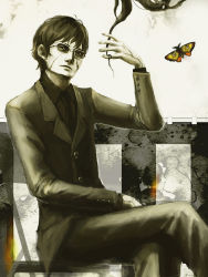 Rule 34 | 1boy, black hair, bug, butterfly, formal, glasses, bug, kandori takahisa, crossed legs, looking at viewer, male focus, monochrome, necktie, persona, persona 2, scar, short hair, sitting, solo, spot color, suit, y (pixiv1616946)