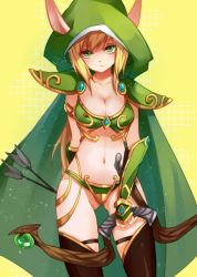 Rule 34 | 1girl, alleria windrunner, arm behind back, armor, bi ge xing, bikini armor, blonde hair, bow (weapon), breasts, cleavage, cloak, elf, gauntlets, green eyes, hood, hooded cloak, jitome, long hair, looking at viewer, medium breasts, midriff, navel, original, pointy ears, revealing clothes, serious, shoulder armor, solo, pauldrons, thigh gap, thighhighs, warcraft, weapon, world of warcraft