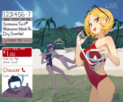 Rule 34 | 1boy, 3girls, beach, blonde hair, blue one-piece swimsuit, blue sky, blush, breasts, brown one-piece swimsuit, cellphone, chaucer (some1else45), english text, eyewear on head, fake screenshot, frilled one-piece swimsuit, frills, goggles, hands up, highres, hipa (some1else45), holding, hug, long hair, looking at viewer, medium breasts, medium hair, midair, multiple girls, nahia (some1else45), one-piece swimsuit, open mouth, original, outdoors, palm tree, phone, red eyes, red hair, red one-piece swimsuit, sekoshi (some1else45), sky, small breasts, smartphone, snorkel, some1else45, splashing, sunglasses, swimsuit, tree