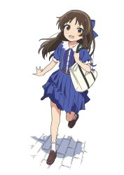 Rule 34 | 1girl, bag, black hair, blue bow, blue dress, bow, brown eyes, commentary request, dress, full body, hair bow, highres, idolmaster, idolmaster cinderella girls, idolmaster cinderella girls u149, loafers, long hair, looking at viewer, open mouth, shiwasu takashi, shoes, short sleeves, shoulder bag, smile, socks, solo, tachibana arisu, white background, white socks