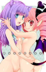 Rule 34 | 2girls, :q, animal ears, arima natsubon, ass, blue eyes, bow, cat ears, cat tail, demon tail, demon wings, drill hair, flat chest, groin, hair bow, hug, long hair, multiple girls, nipples, nude, original, pink hair, purple hair, red eyes, tail, tongue, tongue out, twin drills, twintails, wings