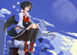 Rule 34 | 1girl, absurdres, animal, animal on lap, arm at side, bare shoulders, bird, black hair, black skirt, black socks, black wings, blue sky, breasts, closed mouth, crow, day, detached sleeves, expressionless, feathered wings, fps, full body, hat, headpat, highres, japanese clothes, kimono, kneehighs, long sleeves, looking at viewer, medium breasts, medium skirt, moon, on lap, outdoors, pillar, pom pom (clothes), red eyes, red footwear, red hat, sash, shameimaru aya, shoes, short hair, sitting, skirt, sky, sleeveless, sleeveless kimono, socks, solo, tokin hat, touhou, tsurime, white kimono, wide sleeves, wings