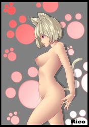 Rule 34 | 1girl, absurdres, animal ears, bad id, bad pixiv id, black border, blonde hair, blush, border, breasts, cat ears, cat tail, heart, heart-shaped pupils, highres, large breasts, lips, naidong (artist), navel, nipples, nude, original, paw print, profile, red eyes, short hair, solo, standing, symbol-shaped pupils, tail