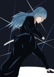 Rule 34 | 1girl, black background, black jacket, black necktie, black pants, blue eyes, blue hair, collared shirt, dress shirt, fighting stance, formal, from below, highres, holding, holding sword, holding weapon, jacket, jujutsu kaisen, katana, legs apart, long hair, looking at viewer, looking down, looking to the side, miwa kasumi, murasaki kanran, necktie, nose, open mouth, pants, ready to draw, serious, sheath, shirt, shoes, slashing, solo, standing, sword, uneven bangs, weapon, white background, white shirt, wing collar