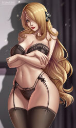 Rule 34 | 1girl, black lingerie, blonde hair, bow, bra, breasts, cleavage, creatures (company), crossed arms, cynthia (pokemon), female focus, flowerxl, game freak, garter belt, garter straps, hair bow, large breasts, lingerie, long hair, nail polish, nintendo, panties, pokemon, pokemon dppt, red lips, red nails, solo, standing, strapless, strapless bra, thighhighs, underwear, very long hair, yellow eyes