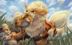 Rule 34 | arcanine, claws, cloud, commentary request, creatures (company), day, fluffy, game freak, gen 1 pokemon, grass, growlithe, lying, momomo12, mouth hold, nintendo, no humans, on back, outdoors, pokemon, pokemon (creature), sky, standing