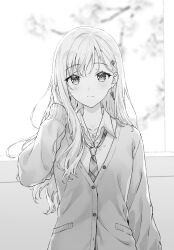 1girl ayase_saki cardigan closed_mouth collarbone collared_shirt commentary_request earrings gimai_seikatsu greyscale hand_in_own_hair highres hiten_(hitenkei) jewelry light_blush light_smile long_hair long_sleeves looking_at_viewer monochrome necklace necktie novel_illustration official_art plaid_clothes plaid_necktie school_uniform second-party_source shirt solo upper_body