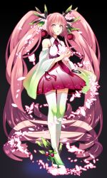 Rule 34 | 1girl, absurdly long hair, bad id, bad pixiv id, boots, cherry, detached sleeves, food, fruit, full body, hatsune miku, highres, long hair, meiko (puua), necktie, pink hair, purple eyes, sakura miku, skirt, solo, thigh boots, thighhighs, twintails, very long hair, vocaloid