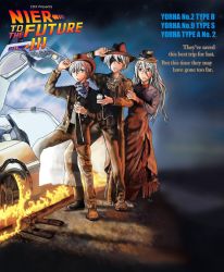 Rule 34 | 1girl, 2boys, back to the future, car, character name, covered eyes, crossover, delorean, english text, full body, gullwing doors, hair between eyes, hat, highres, motor vehicle, multiple boys, nier:automata, nier (series), parody, standing, tomboy, 2b (nier:automata), 9s (nier:automata), a2 (nier:automata)