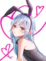 Rule 34 | 1girl, animal ears, aqua hair, arms at sides, black bow, black bowtie, black leotard, blue hair, blush, bow, bowtie, character request, chocoeiru, closed mouth, copyright request, detached collar, fake animal ears, flat chest, from side, gradient hair, green eyes, hair between eyes, heart, leotard, looking at viewer, multicolored hair, playboy bunny, rabbit ears, rimuru tempest, sidelocks, solo, strapless, strapless leotard, tensei shitara slime datta ken, upper body, white background