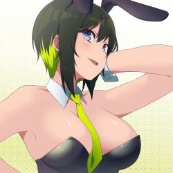 Rule 34 | 163 (shiromeshi), 1girl, akashi maho, between breasts, breasts, cleavage, d4dj, highres, large breasts, leotard, looking at viewer, necktie, necktie between breasts, no bra, playboy bunny, solo, twitter, upper body