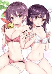 Rule 34 | 10s, 2girls, ahoge, akebono (kancolle), alternate breast size, bell, bow, bow bra, bra, breast size switch, breasts, brown eyes, cleavage, commentary, flower, hair bell, hair flower, hair ornament, hamaken. (novelize), jingle bell, kantai collection, large breasts, long hair, looking at viewer, multiple girls, navel, panties, pink bra, pink panties, purple eyes, purple hair, red bow, simple background, sitting, smile, stomach, underwear, underwear only, ushio (kancolle), white background, white bra, white panties