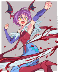 Rule 34 | 1girl, animal print, armpits, bat print, blood, blue pantyhose, blush stickers, breasts, character name, clothing cutout, dated, futa yuri ryona, head wings, heart cutout, highres, leotard, lilith aensland, low wings, pantyhose, print pantyhose, purple hair, red leotard, small breasts, solo, vampire (game), wings, yellow eyes