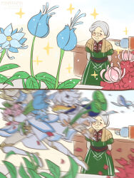 Rule 34 | 2koma, 3girls, artist name, blonde hair, blue flower, boots, closed mouth, comic, commentary request, dress, feet out of frame, fish, fish in mouth, flower, genshin impact, glasses, glaze lily, grass, green dress, grey hair, highres, lumine (genshin impact), madame ping (genshin impact), multiple girls, natsuya (kuttuki), old, old woman, paimon (genshin impact), petals, pink flower, red flower, short hair, sidelocks, silk flower (genshin impact), smile, sparkle, thigh boots, watermark, web address, white dress, white footwear, white hair