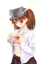 Rule 34 | 1girl, absurdres, bow, bowtie, bra, breasts, brown eyes, brown hair, buttons, closed mouth, fingernails, frills, hands up, highres, kantai collection, long sleeves, looking at viewer, medium hair, navel, open clothes, open shirt, pleated skirt, ryuujou (kancolle), scan, shirt, simple background, skirt, small breasts, solo, stomach, twintails, underwear, visor cap, white background, white shirt, yahako