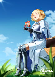 Rule 34 | 1girl, absurdres, armor, armored boots, artofzall, black gloves, blonde hair, blue sky, boots, brown dust 2, chest armor, cloak, closed mouth, cloud, eating, field, flat chest, from below, gloves, grass, greaves, high heels, highres, holding, holding skewer, jewelry, justia (brown dust), necklace, picnic basket, short hair, signature, sitting, skewer, sky, small horns, solo, sun, towel, vambraces, white cloak