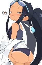 Rule 34 | 1girl, ass, black hair, heart, highres, jellcaps, original, pika (jellcaps), solo, tan, tanline, tongue, tongue out, white background