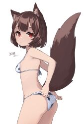 Rule 34 | 1girl, absurdres, animal ear fluff, animal print, bikini, breasts, brown hair, cow print, ellu, highres, looking at viewer, original, red eyes, short hair, simple background, small breasts, swimsuit, tail, white background