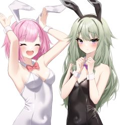 Rule 34 | 2girls, :d, ^ ^, animal ears, armpits, black leotard, bow, bowtie, breasts, bunny day, ciawasemono, closed eyes, closed mouth, covered navel, detached collar, embarrassed, fake animal ears, green hair, hairband, happy, highres, kusanagi nene, leotard, long hair, multiple girls, ootori emu, open mouth, pink hair, playboy bunny, project sekai, purple bow, purple bowtie, purple eyes, rabbit ears, rabbit pose, red bow, red bowtie, short hair, simple background, small breasts, smile, strapless, strapless leotard, very long hair, white background, white leotard, wrist cuffs