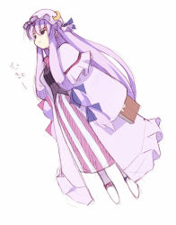 Rule 34 | 1girl, book, crescent, crescent moon, dress, female focus, hat, long hair, moon, mukyuu, patchouli knowledge, purple hair, seo tatsuya, solo, striped clothes, striped dress, touhou, very long hair