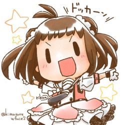 Rule 34 | 1girl, :d, antenna hair, artist name, blush, brown hair, chibi, double bun, gloves, hair bun, kantai collection, miniskirt, naka (kancolle), naka kai ni (kancolle), neckerchief, open mouth, outstretched arms, pleated skirt, puffy short sleeves, puffy sleeves, rikuo (whace), sailor collar, school uniform, serafuku, short hair, short sleeves, simple background, skirt, smile, solid oval eyes, solo, star (symbol), twitter username, v-shaped eyebrows, white background, white gloves, white sailor collar, white skirt