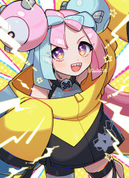 Rule 34 | 1girl, bow-shaped hair, character hair ornament, creatures (company), game freak, grey pantyhose, hair ornament, hexagon print, highres, iono (pokemon), jacket, multicolored hair, nintendo, oversized clothes, pantyhose, pokemon, pokemon sv, ranryu330, sharp teeth, single leg pantyhose, sleeves past fingers, sleeves past wrists, split-color hair, star (symbol), star in eye, symbol in eye, teeth, very long sleeves, x, yellow jacket