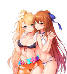 Rule 34 | 2girls, absurdres, alternate costume, bare legs, bikini, blonde hair, bloody0rabby, blue eyes, blush, braid, breasts, brown hair, c:, cleavage, closed mouth, collarbone, couple, cowboy shot, criss-cross halter, eye contact, female focus, g36 (50 days with g36) (girls&#039; frontline), g36 (girls&#039; frontline), girls&#039; frontline, green eyes, groin, hair between eyes, hair ribbon, hair rings, half-closed eyes, halterneck, highres, jewelry, large breasts, legs, long hair, looking at another, medium breasts, midriff, multiple girls, navel, necklace, o-ring, o-ring bikini, o-ring swimsuit, o-ring top, official alternate costume, orange sarong, ponytail, ribbon, sarong, side slit, sidelocks, simple background, skindentation, smile, springfield (girls&#039; frontline), springfield (stirring mermaid) (girls&#039; frontline), standing, stomach, swimsuit, very long hair, white background, white bikini, yuri