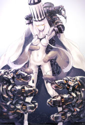 Rule 34 | 10s, 1girl, abyssal ship, breasts, capelet, claws, glowing, glowing eyes, hat, highres, kantai collection, large breasts, long hair, nina (ninageya), northern water princess, sidelocks, smile, solo, thighhighs, white background, white hair, yellow eyes