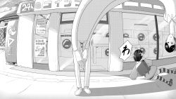 Rule 34 | 1boy, 1girl, absurdres, backpack, bag, black hair, greyscale, highres, long fingers, long neck, long sleeves, looking at another, monochrome, nabatani, original, shoes, short hair, thighhighs, wide-eyed