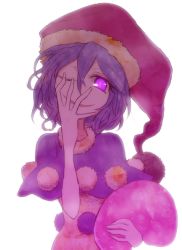 Rule 34 | 1girl, backlighting, blob, blue hair, capelet, doremy sweet, dress, glowing, glowing eyes, hand on own face, hat, kuresento, one eye closed, pom pom (clothes), purple eyes, santa hat, smile, solo, touhou, wavy hair, white dress
