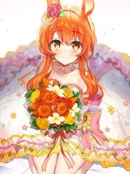 Rule 34 | 1girl, animal ears, back bow, blush, bouquet, bow, commentary request, dress, flower, frilled dress, frills, hair between eyes, hair flower, hair ornament, highres, holding, holding bouquet, horse ears, horse girl, kawachi rin, light particles, long hair, looking at viewer, mayano top gun (sunlight bouquet) (umamusume), mayano top gun (umamusume), neck garter, orange eyes, orange hair, seiza, sidelocks, simple background, sitting, sleeveless, sleeveless dress, smile, strapless, strapless dress, umamusume, white background, white dress