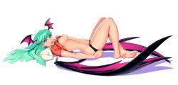 Rule 34 | 1girl, bad id, bad tumblr id, bare legs, barefoot, bat wings, breasts, capcom, clothes lift, clothes pull, commentary, demon girl, full body, green eyes, green hair, hand on own chest, head wings, lips, long hair, looking at viewer, lying, medium breasts, morrigan aensland, navel, nipples, on back, optionaltypo, pillow, revision, shirt, shirt lift, shorts, shorts pull, simple background, smile, solo, tongue, tongue out, vampire (game), white background, wings