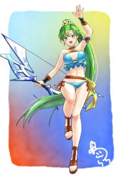 Rule 34 | 1girl, bikini, blue bikini, bow (weapon), commentary request, fire emblem, fire emblem: the blazing blade, fire emblem heroes, green eyes, green hair, high ponytail, highres, holding, holding bow (weapon), holding weapon, long hair, looking at viewer, lyn (fire emblem), lyn (summer) (fire emblem), nintendo, official alternate costume, ponytail, sandals, swimsuit, tsulala44 (oi thanks), weapon