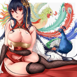 Rule 34 | 1girl, azur lane, bare shoulders, bird, black hair, breasts, bridal gauntlets, bursting breasts, china dress, chinese clothes, cleavage cutout, clothing cutout, crossed bangs, cutout above navel, dress, fishnet thighhighs, fishnets, hair ornament, hamidasu, highres, huge breasts, instrument, long hair, looking at viewer, mandolin, no panties, official alternate costume, peacock, peacock feathers, pelvic curtain, red dress, red eyes, sleeveless, sleeveless dress, solo, taihou (azur lane), taihou (phoenix&#039;s spring song) (azur lane), thighhighs, torn clothes, very long hair