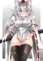 1girl absurdres animal_ear_fluff animal_ears bad_id bad_twitter_id black_thighhighs blush breasts closed_mouth gradient_background grey_background groin hand_on_own_hip hat highres holding holding_sword holding_weapon inubashiri_momiji large_breasts leotard looking_at_viewer outside_border pom_pom_(clothes) red_eyes red_hat regua ribbon-trimmed_sleeves ribbon_trim solo standing sword tail thighhighs tokin_hat touhou weapon white_leotard wide_sleeves wolf_ears wolf_tail