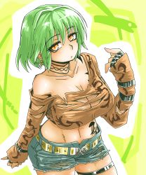 Rule 34 | 10s, 1girl, belt, breasts, earrings, expressionless, female focus, fingerless gloves, frown, gloves, green hair, highres, hikage (senran kagura), jewelry, large breasts, looking at viewer, senran kagura, short shorts, shorts, slit pupils, solo, tattoo, thigh strap, tobatoinu, torn clothes, yellow eyes