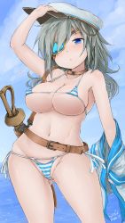 Rule 34 | 1girl, belt, bikini, blue eyes, blush, breasts, cameltoe, cleft of venus, cloud, cloudy sky, day, dress, gluteal fold, green hair, hair between eyes, hat, highres, holding, holding sword, holding weapon, kantai collection, kiso (kancolle), large breasts, long hair, looking at viewer, micro bikini, multicolored clothes, multicolored swimsuit, ocean, okiraku nikku, panties, peaked cap, saber (weapon), sailor collar, sailor dress, sailor hat, side-tie bikini bottom, sky, solo, string bikini, string bra, string panties, swimsuit, sword, twitter username, underwear, weapon